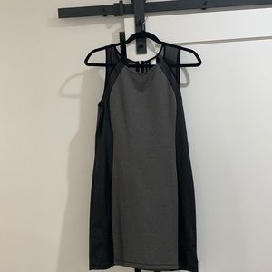 H&M, black faux leather on sides of dress, sheer/mesh shoulder